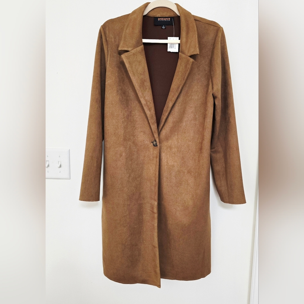 Ambiance Women's Tan Ultra Suede Single Button Trench Coat Size S - Picture 3 of 12